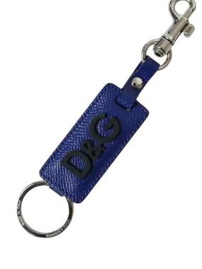 D&G Blue Leather Keyring with Black Logo Accent New
